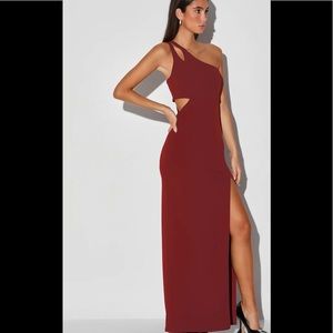 Lulus Simply Beautiful Burgundy One-Shoulder Cutout Maxi Dress